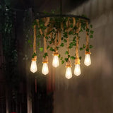 Rustic Restaurant Pendant Light Fixture With Wheel Iron Chandelier And Plant Decor 6 / Green