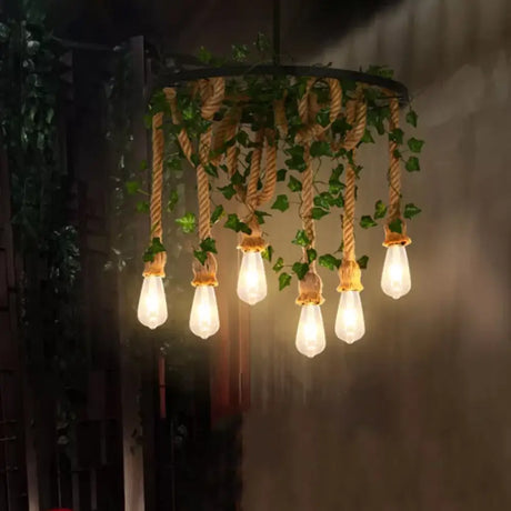 Rustic Restaurant Pendant Light Fixture With Wheel Iron Chandelier And Plant Decor 6 / Green