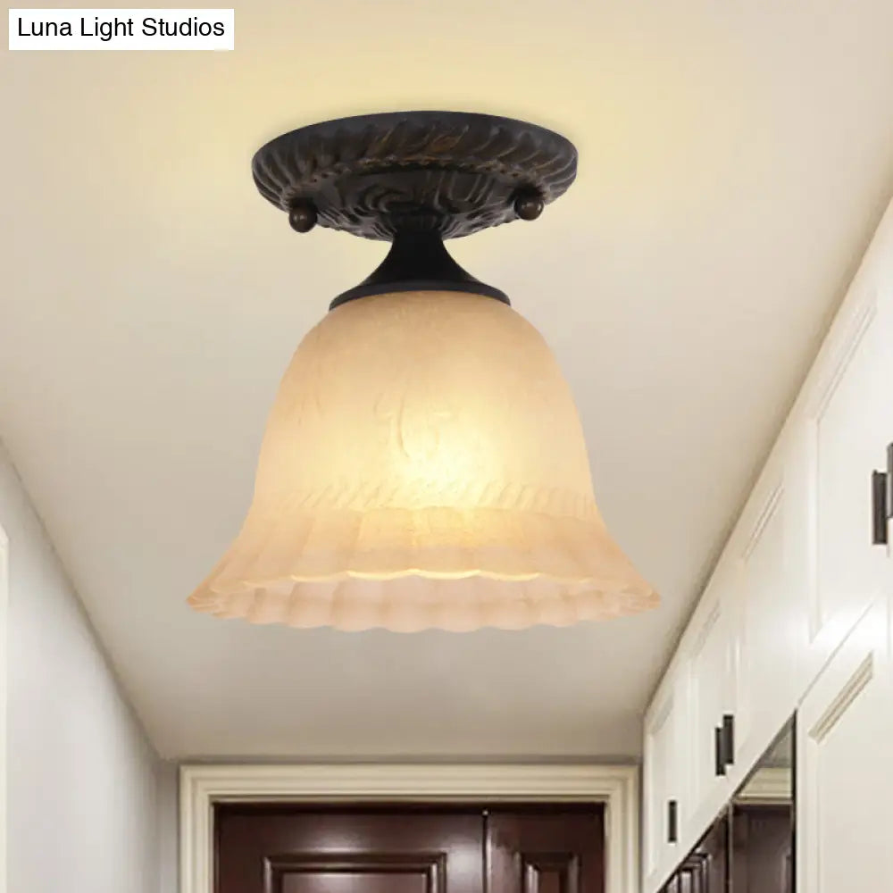 Rustic Ribbed Glass Bell Semi Flush Light With 1-Bulb Black Finish