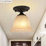 Rustic Ribbed Glass Bell Semi Flush Light With 1-Bulb Black Finish