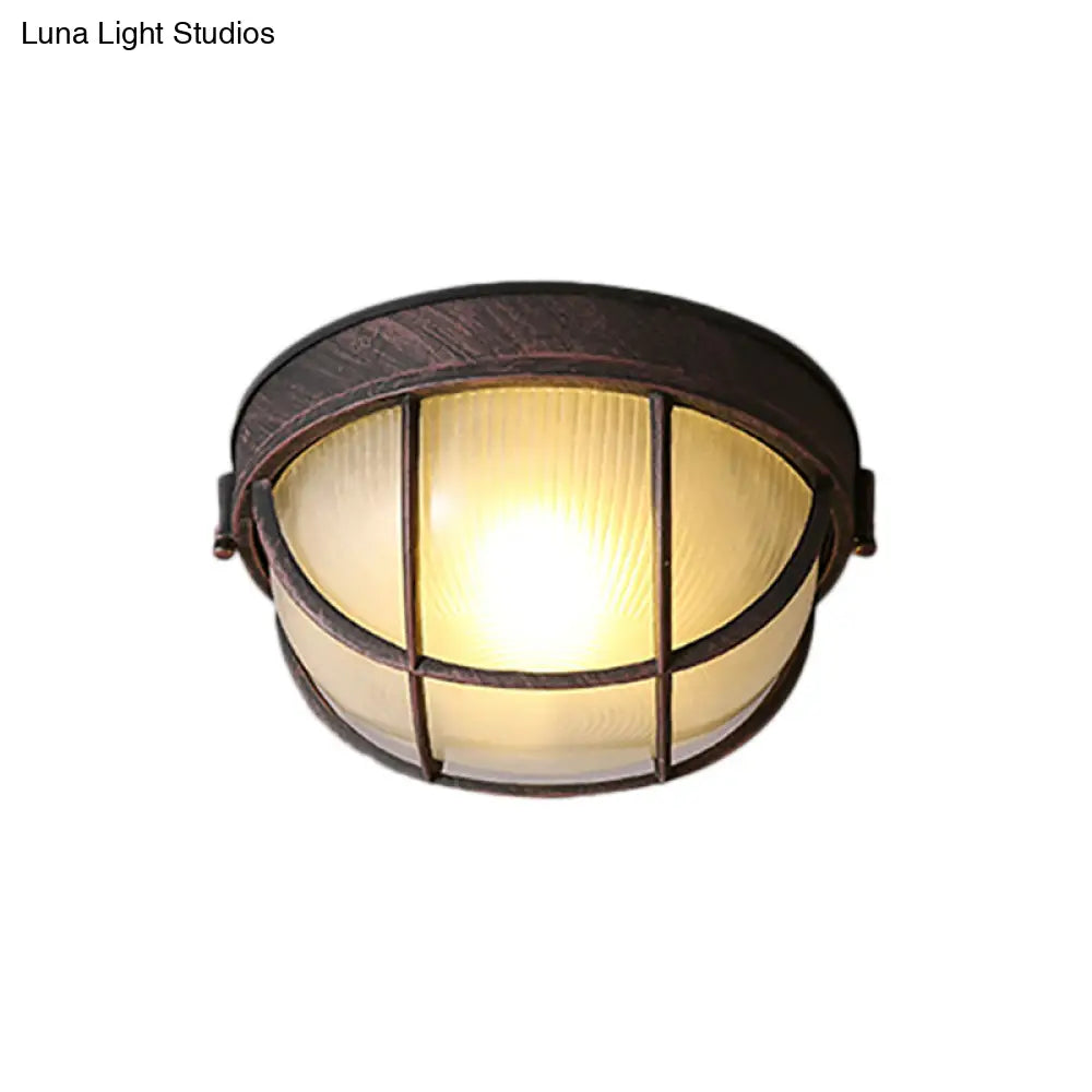 Rustic Ribbed Glass Dome Ceiling Light Fixture With Cage - Single Flush Mount