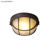 Rustic Ribbed Glass Dome Ceiling Light Fixture With Cage - Single Flush Mount