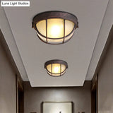 Rustic Ribbed Glass Dome Ceiling Light Fixture With Cage - Single Flush Mount