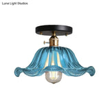 Rustic Ribbed Glass Scalloped Semi Flush Light Red/Blue/Clear 8’/10’/12’ Wide