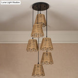 Rustic Rope Brown Pendant Light With Scalloped Trim And Multiple Tapered Heads