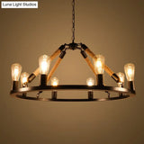 Rustic Rope Chandelier With Circular Black Metal Design And Exposed Bulbs