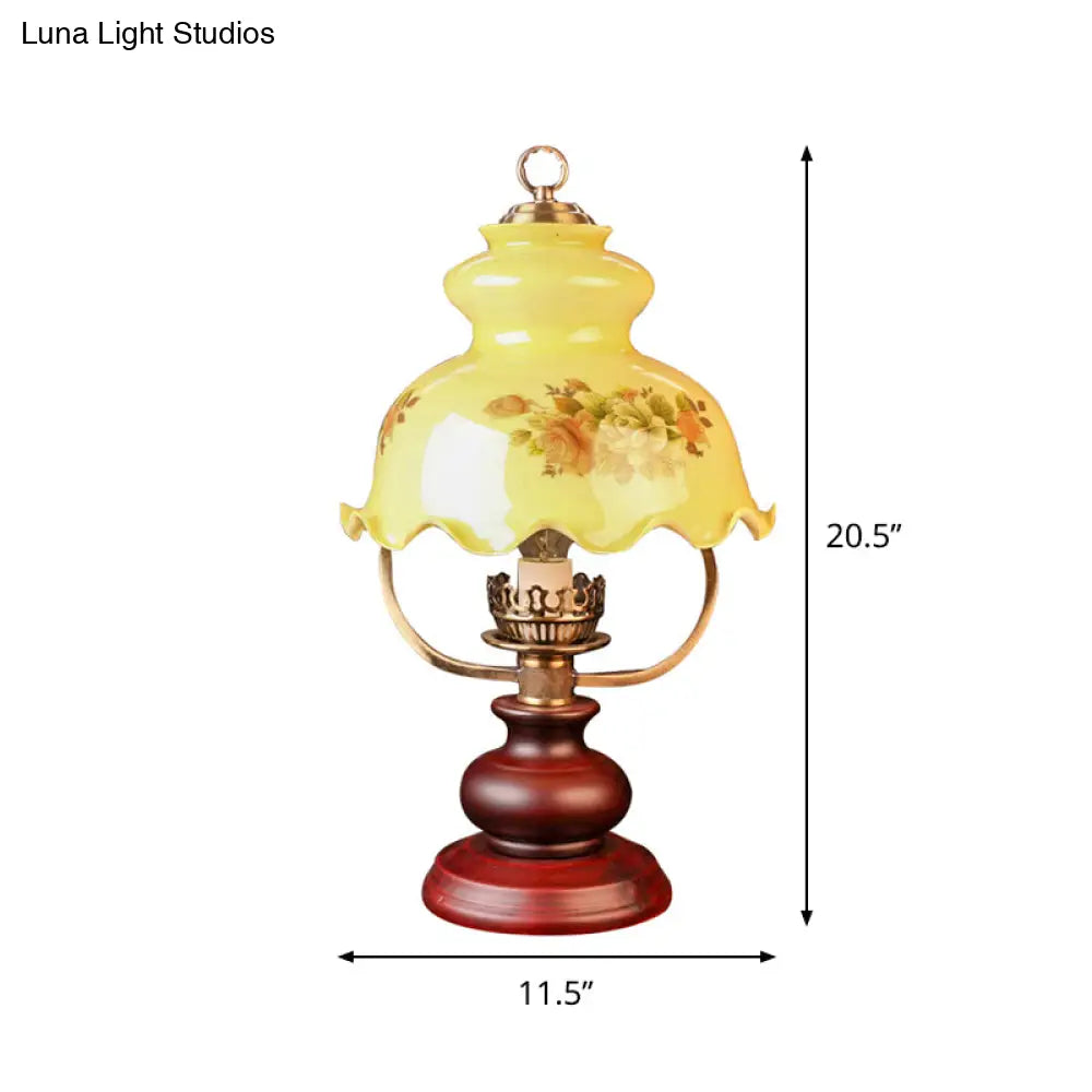 Rustic Ruffle-Brim Gourd Night Lamp With Yellow Patterned Glass - Red Brown Table Lighting