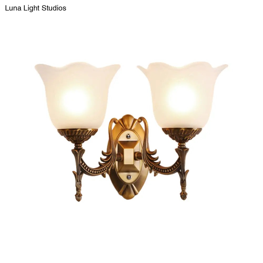 Rustic Scalloped Brass Bell Wall Light With Frosted Glass - Perfect For Living Rooms