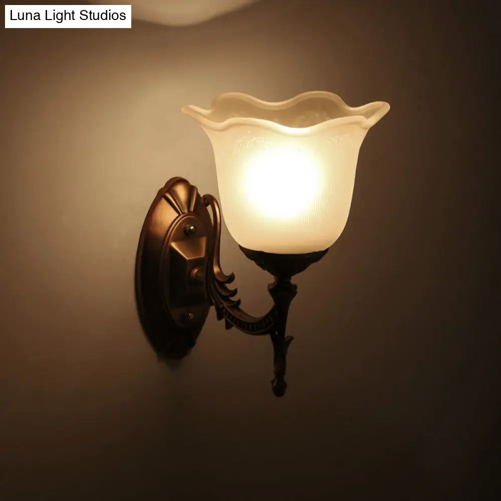 Rustic Scalloped Brass Bell Wall Light With Frosted Glass - Perfect For Living Rooms