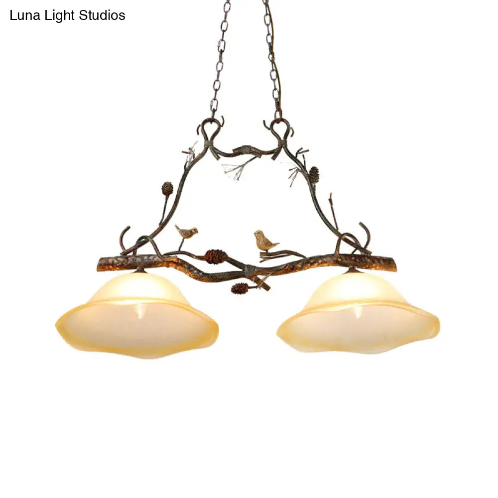 Rustic Scalloped Opal Glass Island Pendant - 2 Light Bedroom Lamp In Beige