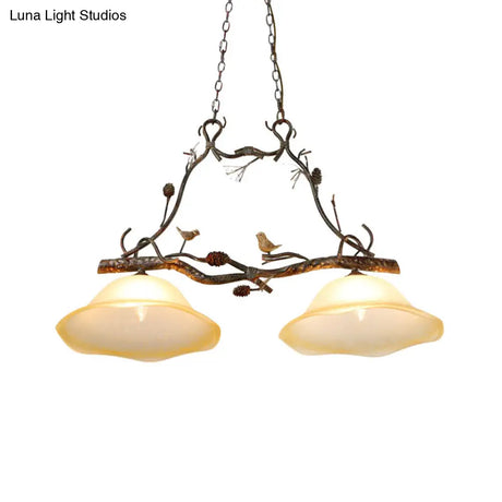 Rustic Scalloped Opal Glass Island Pendant - 2 Light Bedroom Lamp In Beige