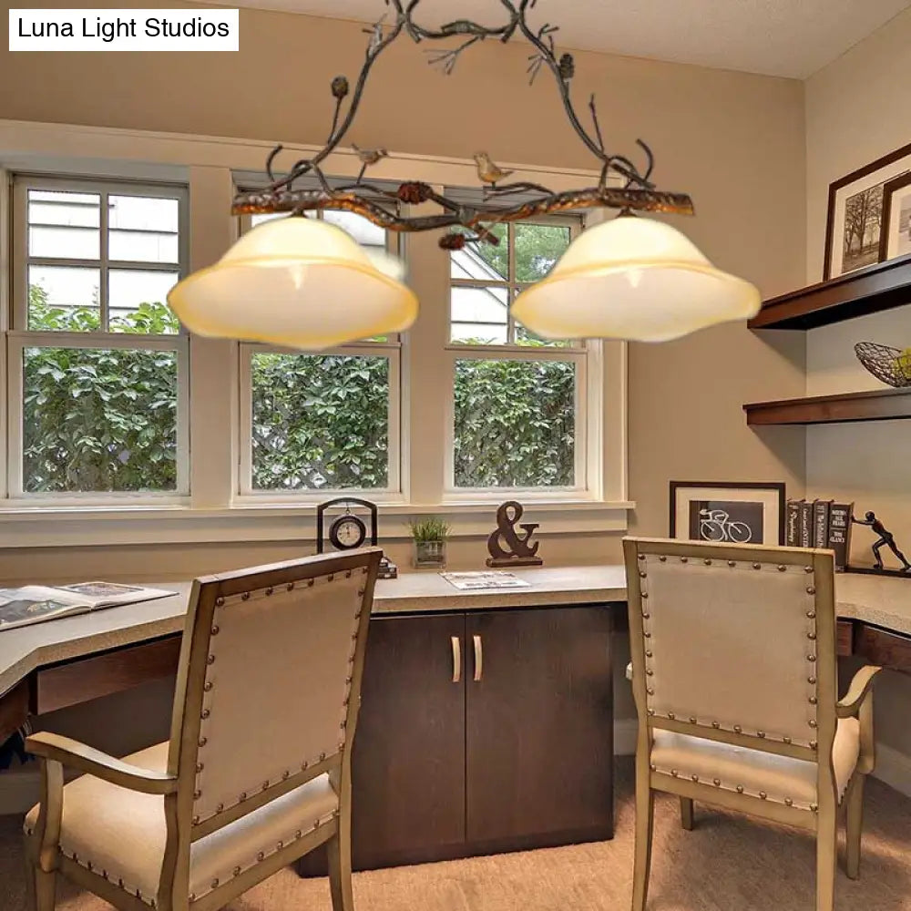Rustic Scalloped Opal Glass Island Pendant - 2 Light Bedroom Lamp In Beige