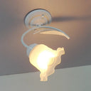 Rustic Scalloped Opal Glass Semi Flush Ceiling Light Fixture With Curved Arm In White/Black White