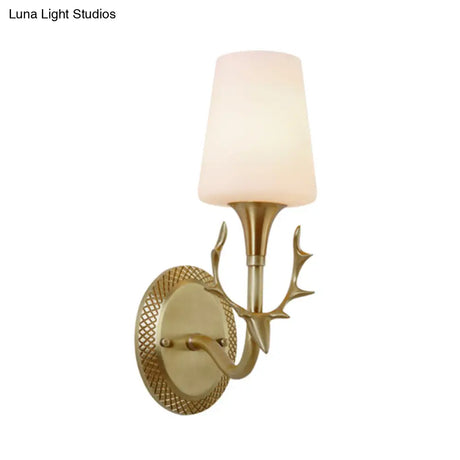 Rustic Scrolled Arm Milk Glass Sconce Lighting: Wall Mounted Brass Fixture For Bedroom (1/2 Light)