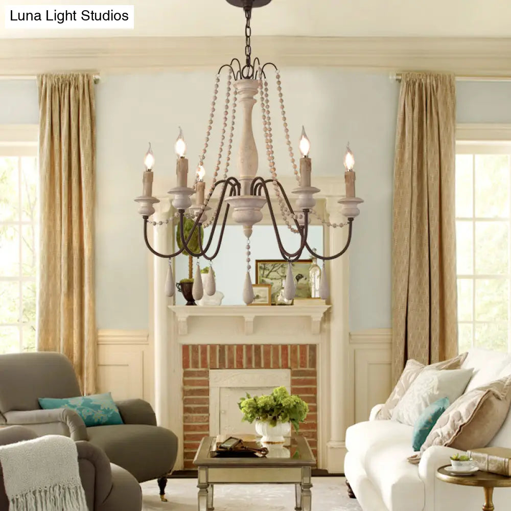 Rustic Scrolled Arm Pendant Light: Distressed Wood Chandelier For Living Room