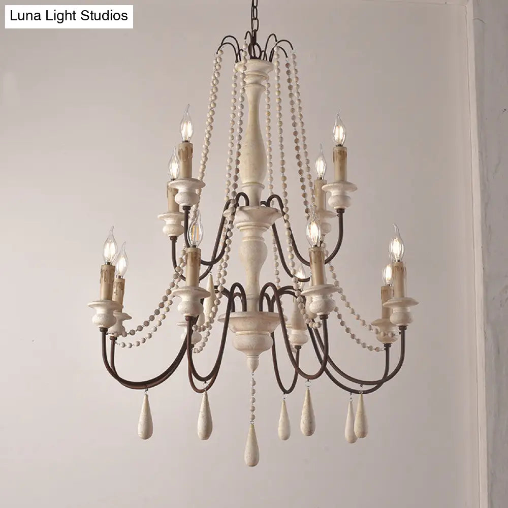 Rustic Scrolled Arm Pendant Light: Distressed Wood Chandelier For Living Room