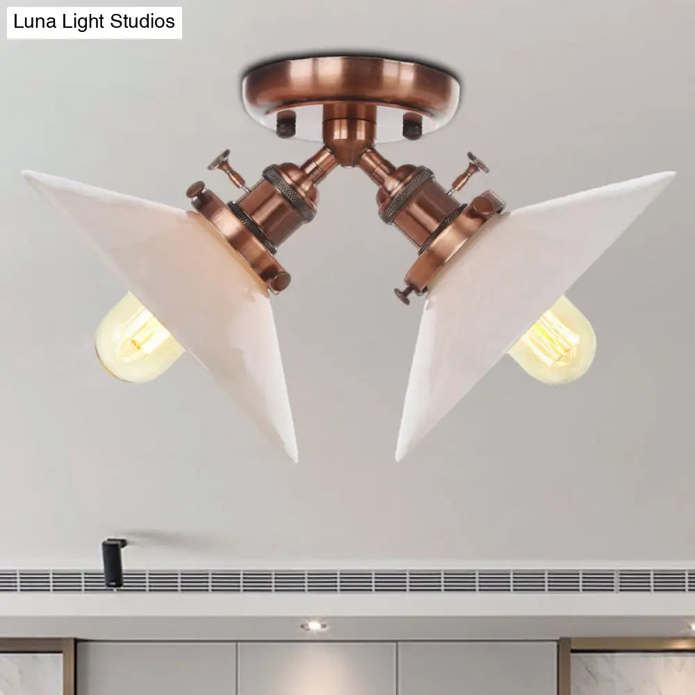 Rustic Semi Flush Ceiling Light With Flared Iron Design And 2 Bulbs - Black/Bronze Finish