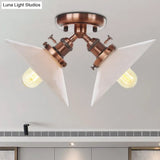 Rustic Semi Flush Ceiling Light With Flared Iron Design And 2 Bulbs - Black/Bronze Finish