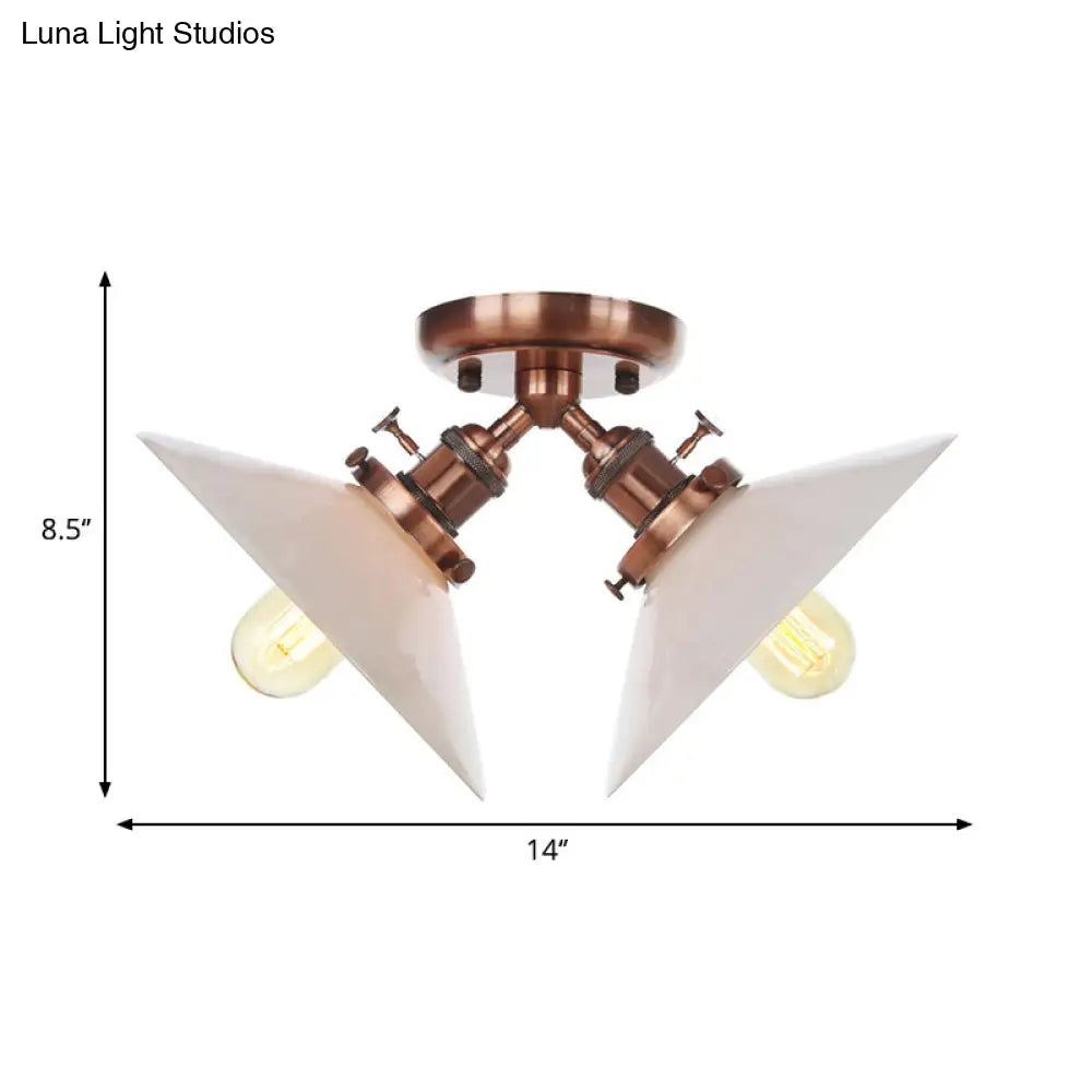 Rustic Semi Flush Ceiling Light With Flared Iron Design And 2 Bulbs - Black/Bronze Finish