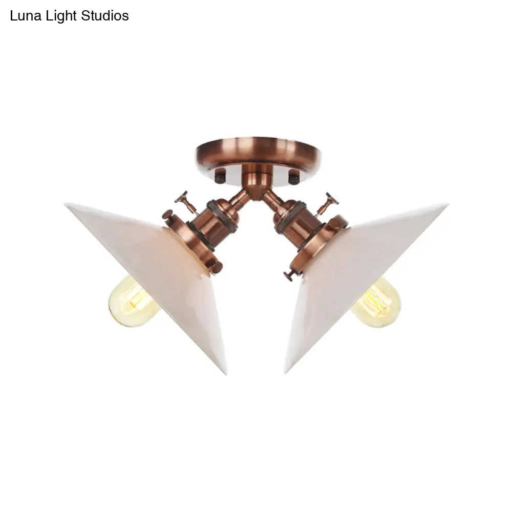 Rustic Semi Flush Ceiling Light With Flared Iron Design And 2 Bulbs - Black/Bronze Finish