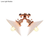 Rustic Semi Flush Ceiling Light With Flared Iron Design And 2 Bulbs - Black/Bronze Finish