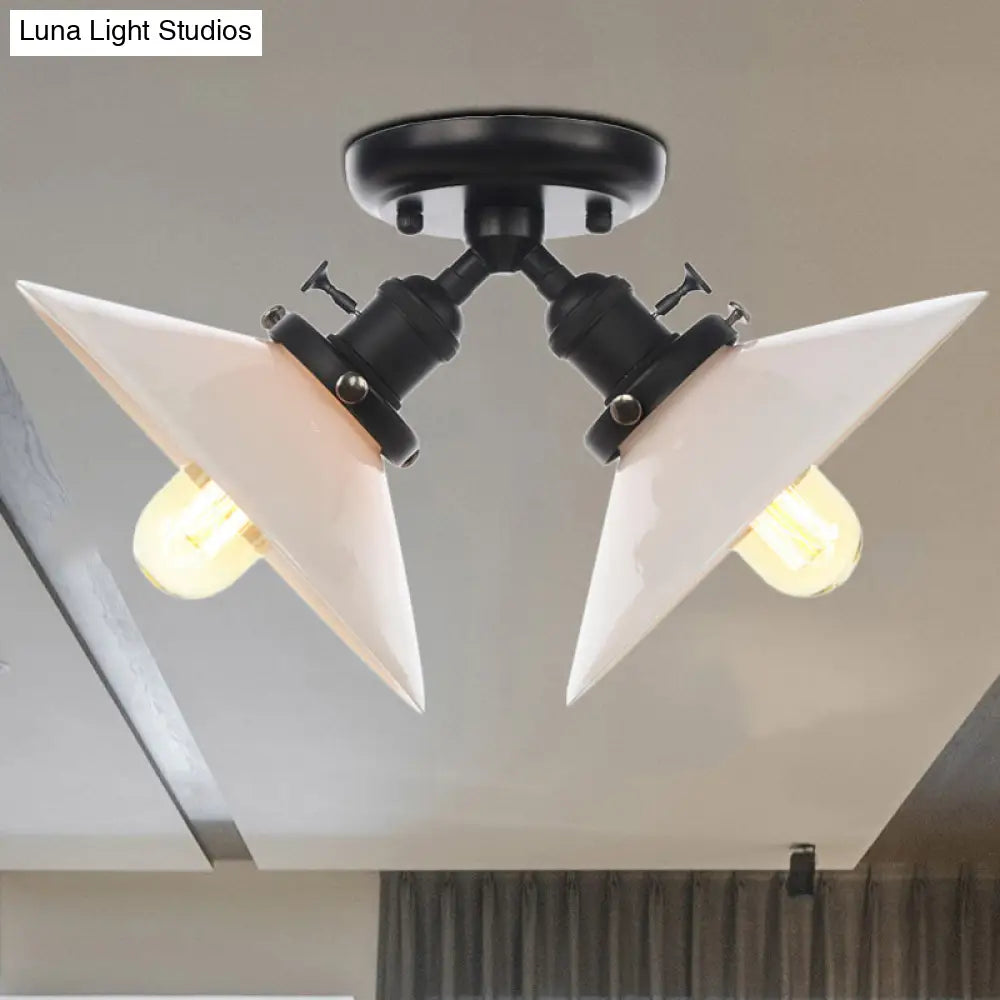 Rustic Semi Flush Ceiling Light With Flared Iron Design And 2 Bulbs - Black/Bronze Finish