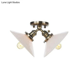 Rustic Semi Flush Ceiling Light With Flared Iron Design And 2 Bulbs - Black/Bronze Finish