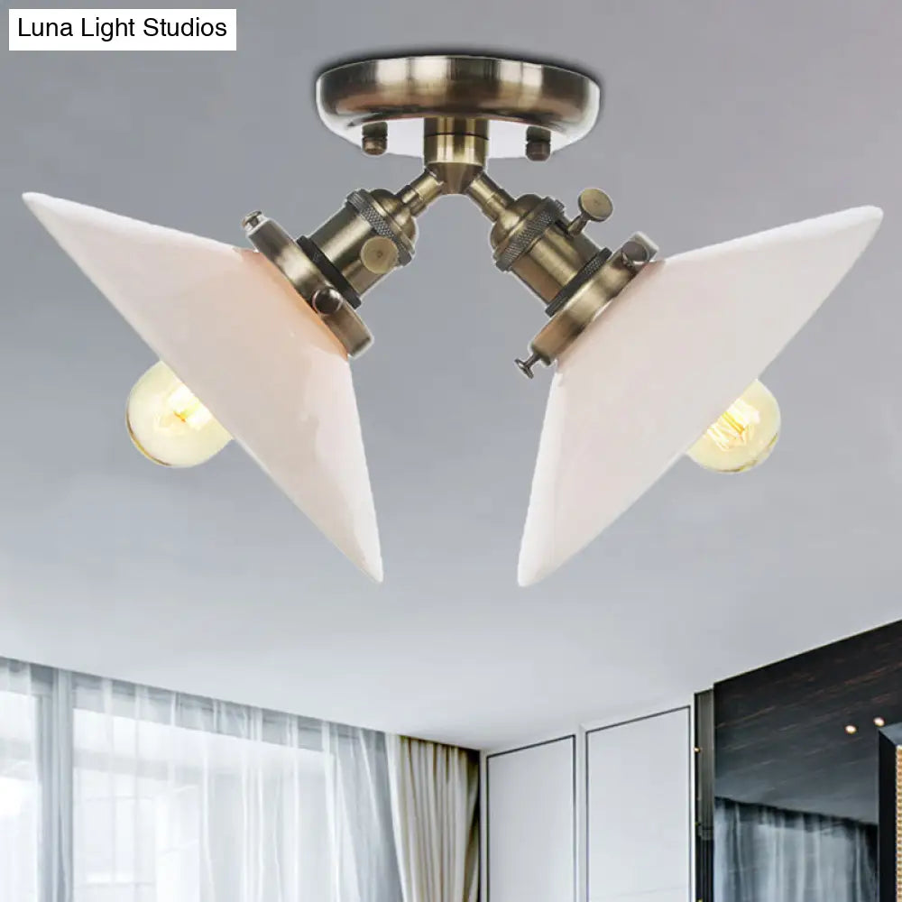 Rustic Semi Flush Ceiling Light With Flared Iron Design And 2 Bulbs - Black/Bronze Finish