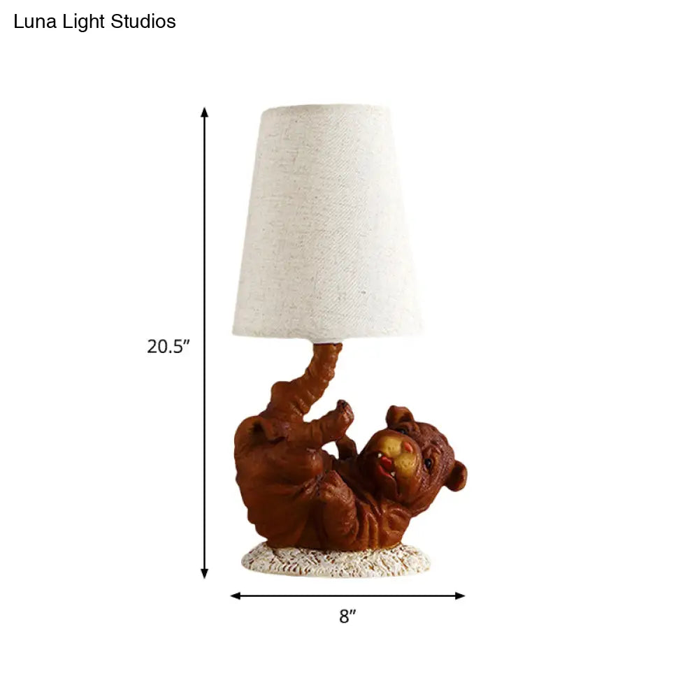 Rustic Shar-Pei Dog Table Lamp - Brown Resin Cone Fabric Shade