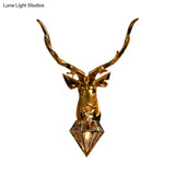 Rustic Silver/Gold Diamond Indoor Sconce Light With Deer Backplate - 1 Resin Wall Lamp Fixture