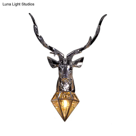 Rustic Silver/Gold Diamond Indoor Sconce Light With Deer Backplate - 1 Resin Wall Lamp Fixture