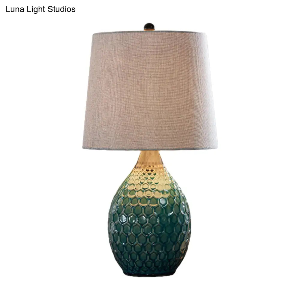 Rustic Silver Grey/Beige Barrel Table Lamp With Ceramic Pedestal