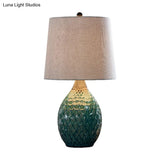 Rustic Silver Grey/Beige Barrel Table Lamp With Ceramic Pedestal