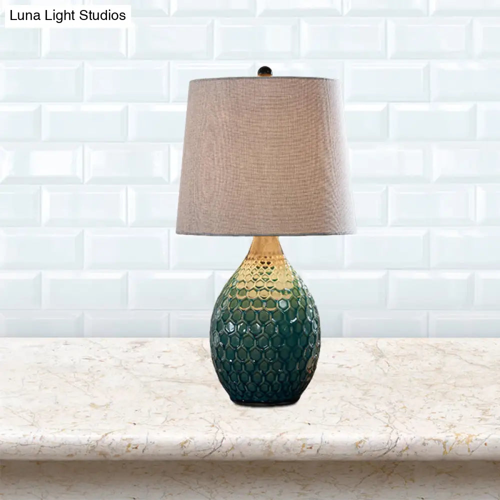 Rustic Silver Grey/Beige Barrel Table Lamp With Ceramic Pedestal