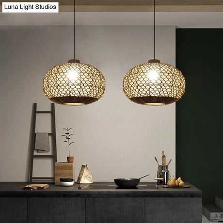 Rustic Single Bulb Pendant Lighting Kit: Oval Lantern Hemp Rope Hanging Lamp In Flaxen