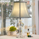 Rustic Single Light Rural Style Night Lamp With Crystal Base - White/Blue Fabric Table