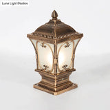 Rustic Square Pillar Lamp - 1-Light Frost Glass Post Lighting Fixture For Courtyard