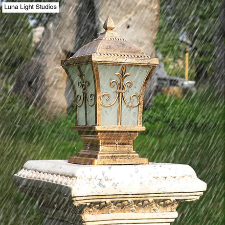 Rustic Square Pillar Lamp - 1-Light Frost Glass Post Lighting Fixture For Courtyard