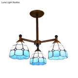 Rustic Stained Glass 3-Light Semi Flush Mount Ceiling Fixture For Dining Room - Red/Blue/Yellow