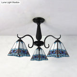 Rustic Stained Glass Ceiling Light Fixture With Geometric Semi Flush Design – 3 Heads