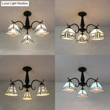 Rustic Stained Glass Ceiling Light Fixture With Geometric Semi Flush Design – 3 Heads