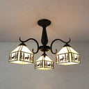 Rustic Stained Glass Ceiling Light Fixture With Geometric Semi Flush Design – 3 Heads