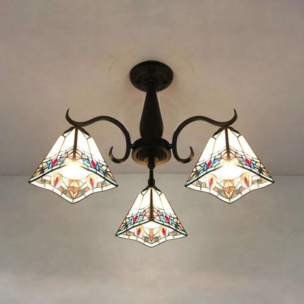 Rustic Stained Glass Ceiling Light Fixture With Geometric Semi Flush Design – 3 Heads
