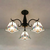 Rustic Stained Glass Ceiling Light Fixture With Geometric Semi Flush Design – 3 Heads