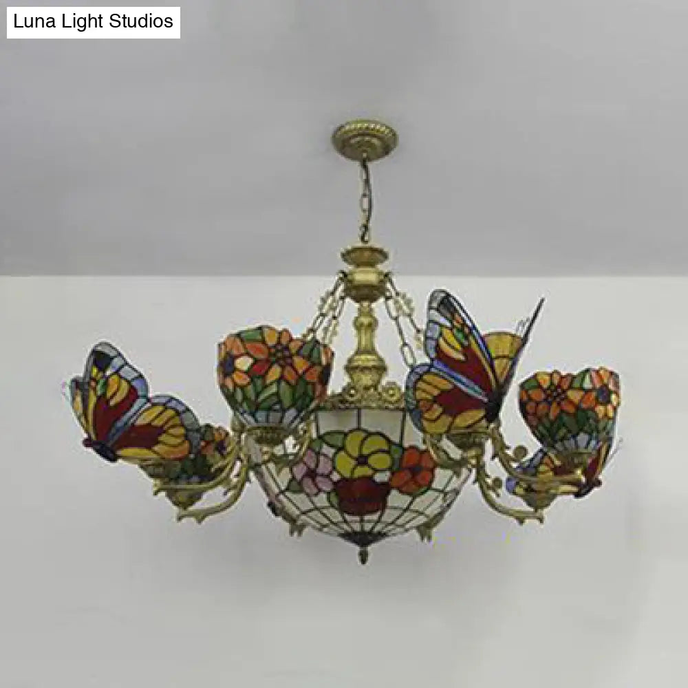 Rustic Stained Glass Chandelier With Butterfly And Sunflower Accents - Red