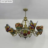 Rustic Stained Glass Chandelier With Butterfly And Sunflower Accents - Red