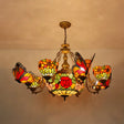 Rustic Stained Glass Chandelier With Butterfly And Sunflower Accents - Red / Rose
