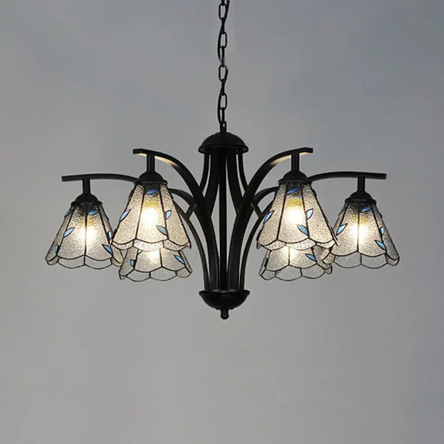 Rustic Stained Glass Chandelier With Leaf Design In Green/Blue - 6 Light Cone Hanging Fixture Black
