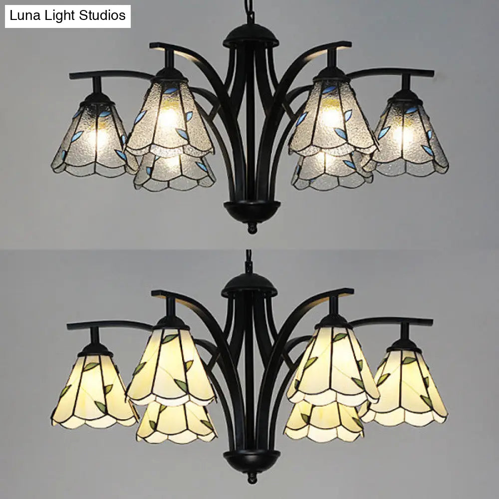 Rustic Stained Glass Chandelier With Leaf Design In Green/Blue - 6 Light Cone Hanging Fixture Black