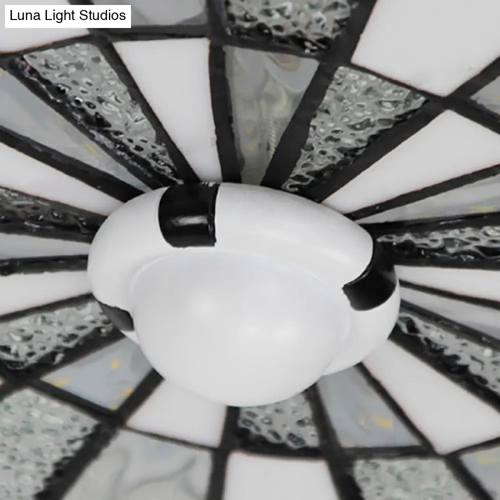 Rustic Stained Glass Flushmount Ceiling Light - Round 1-Light Fixture In Blue/White For Bedroom